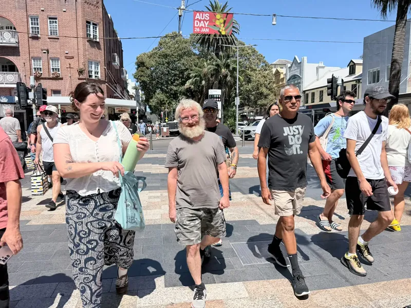 The rec group walking along The Corso at Manly on a Wednesday outing