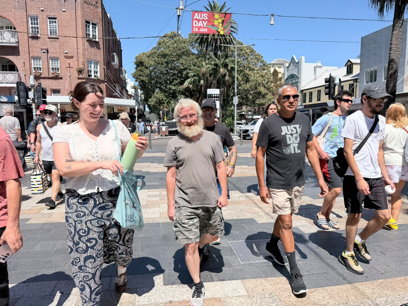 The rec group walking along The Corso at Manly on a Wednesday outing